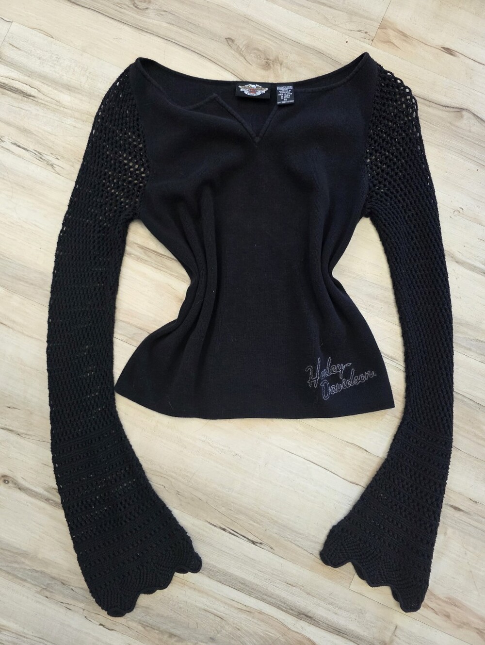 Vintage Y2K Harley Davidson Black V-Neck Knit Top w/ Crochet Bell Sleeves M